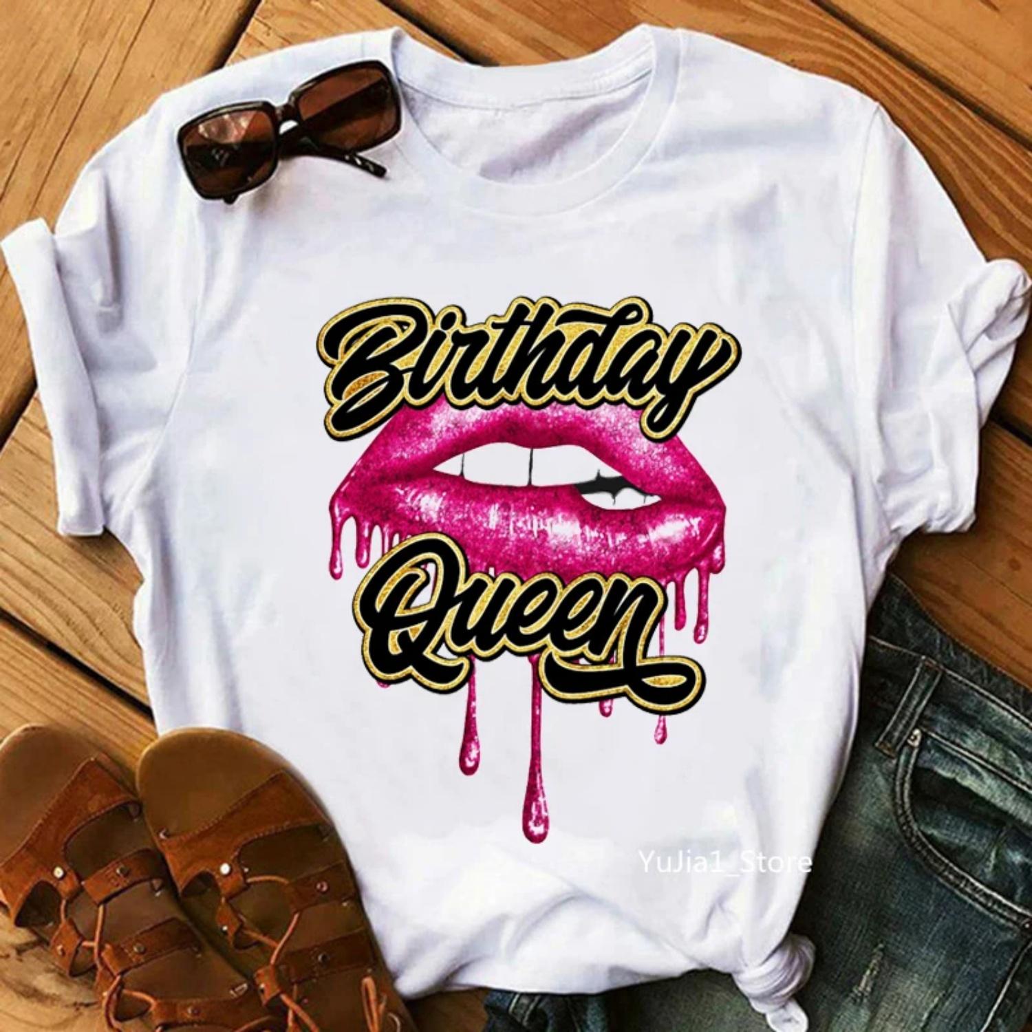 

Birthday Squad Queen Graphic Print Women S T-Shirt Sexy Glitter Lips Tshirt Femme Summer Fashion Tops Tee Shirt Female Wholesale XXXXXL білий