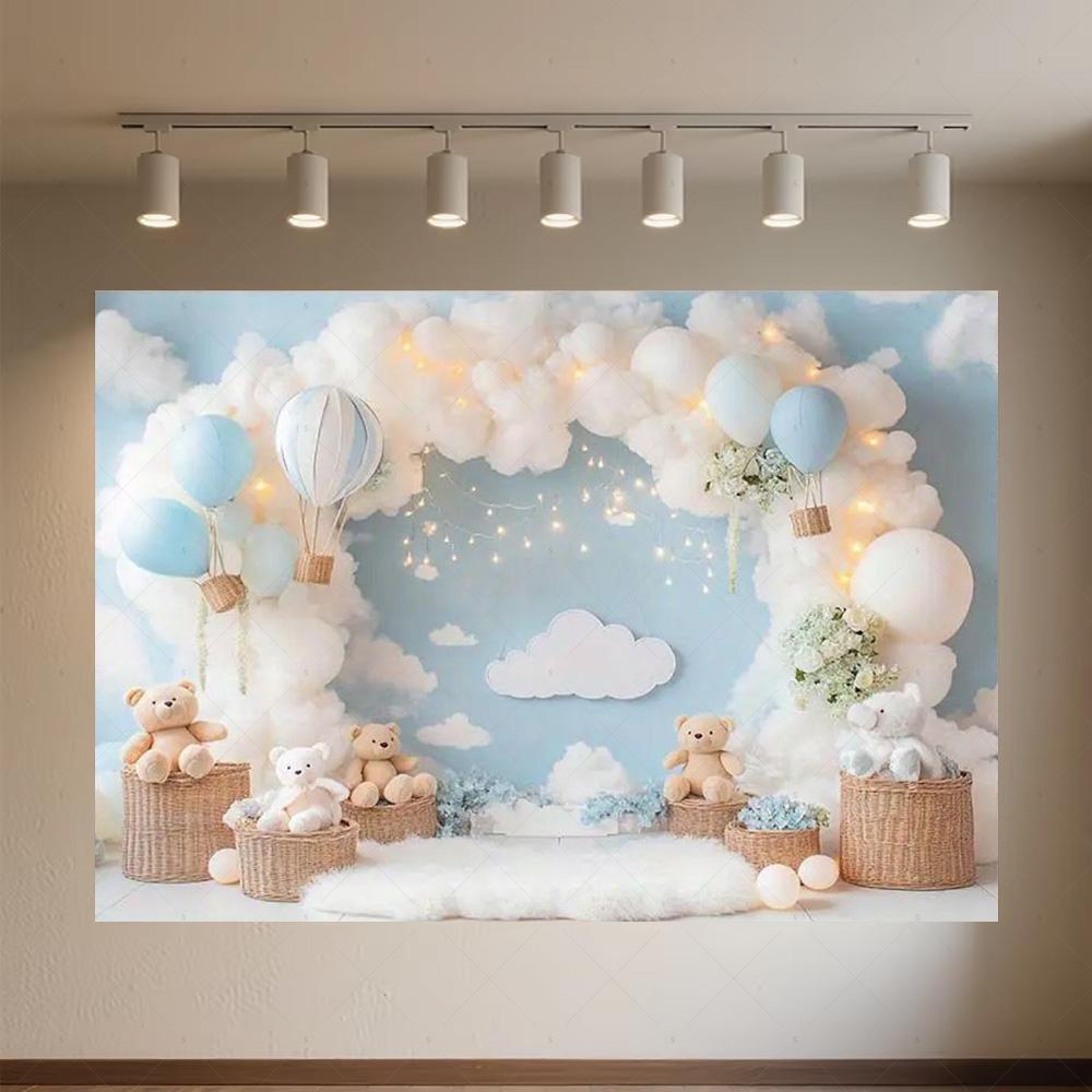 Cartoon Hot Air Balloon Teddy Bear Photography Backdrop Kids Birthday Party Decor Baby Shower Supplies Newborn Photo Shoot Prop