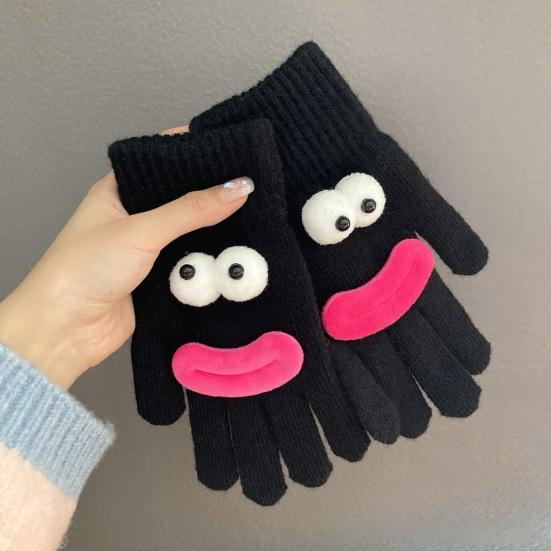 Vtipné kreslené pletené rukavice Roztomilé velké oči Teplé rukavice Zimní žebrované rukavice s dotykovou obrazovkou na řízení, dojíždění, cyklistiku, každodenní pochůzky