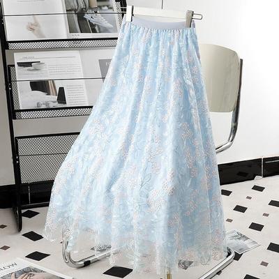 Elegantes besticktes Mesh-Rock Damen Sommer Blumen Midi-Rock Neues Design