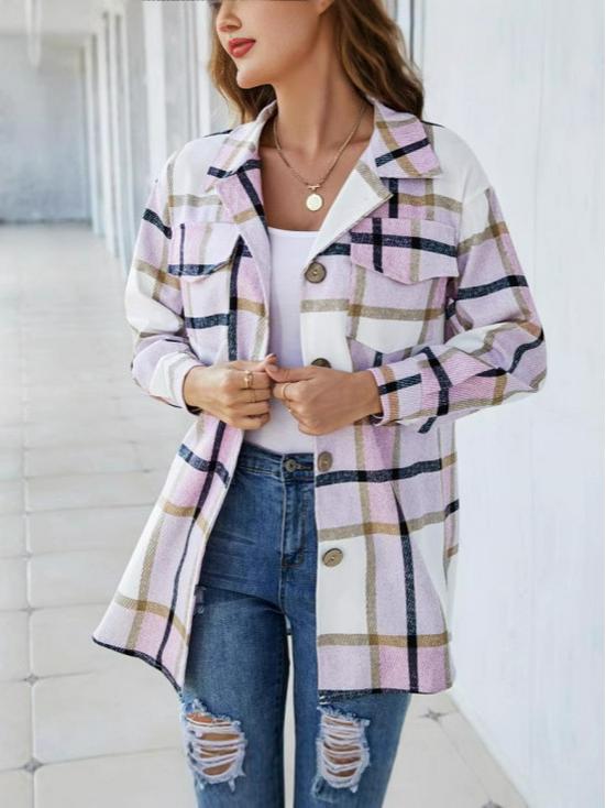 2024 Cross-Border Women's Plaid & Striped Wool-Blend Single-Breasted Overcoat