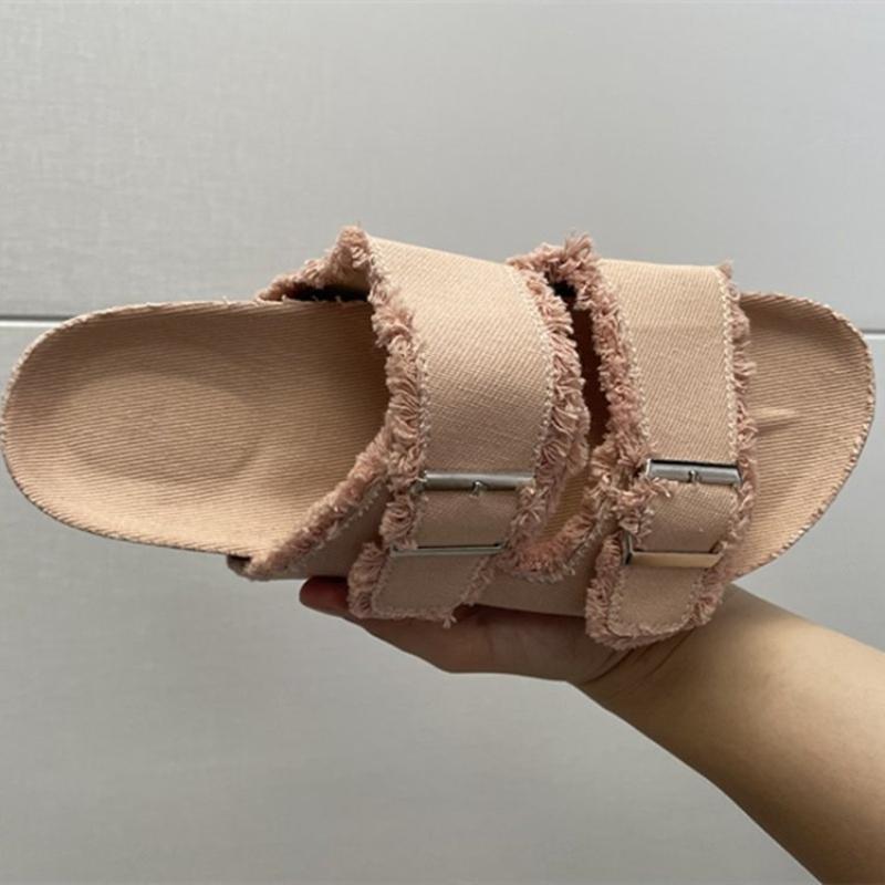 2025 Summer Women Slippers Fashion Designer Female Shoes Purple Canvas Metal Buckle Flat Slippers Beach Shoes Soft Sole Sandals