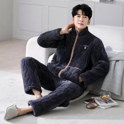 Winter Korallfleece Pyjama Herren Dreilagig Gepolstert Baumwolle Verdickt Warm Reißverschluss Flanell Loungewear Gepolsterte Jacke Fleece Set