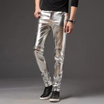 Men Pencil Pants Bright Surface Solid Color Zipper Fly Mid Waist Trousers Faux Leather Slim Fit Motorcycle Pants Streetwear