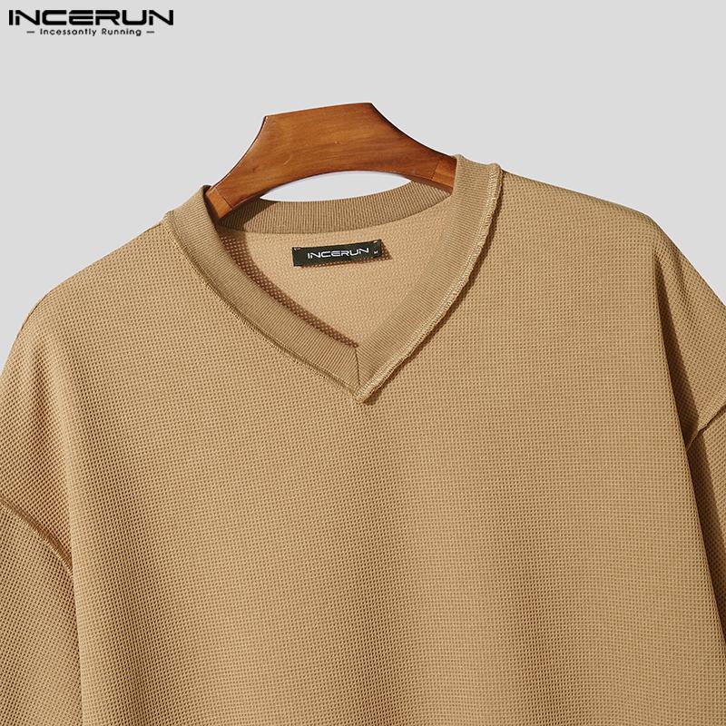 INCERUN Pánská nadměrná trička s texturou, s krátkým rukávem a výstřihem do V, ležérní volná