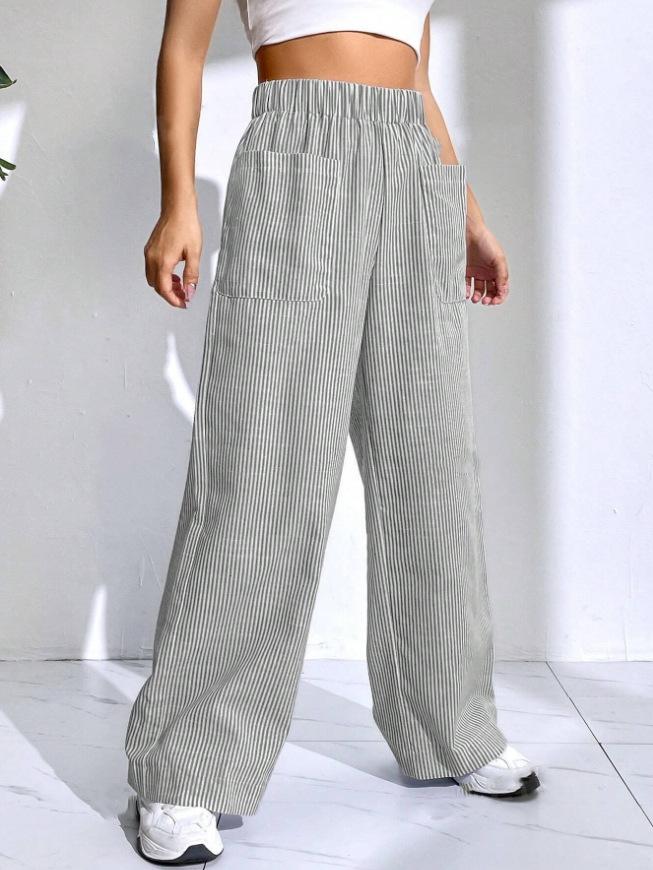 Women's Blue and White Striped Wide Leg Pants with Pockets, High Waist Comfortable Casual Trousers