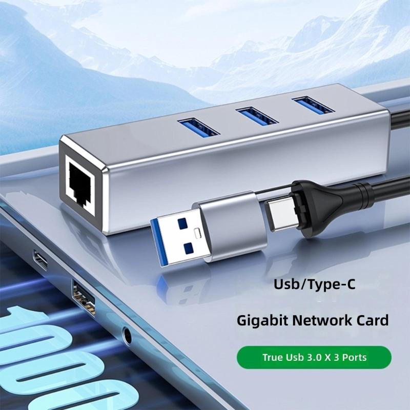 Aluminum Alloy USB C to RJ45 Networking Adapter With USB A Port And 3 USB Hubs Fast Speed 1000Mbps Ethernet Connection
