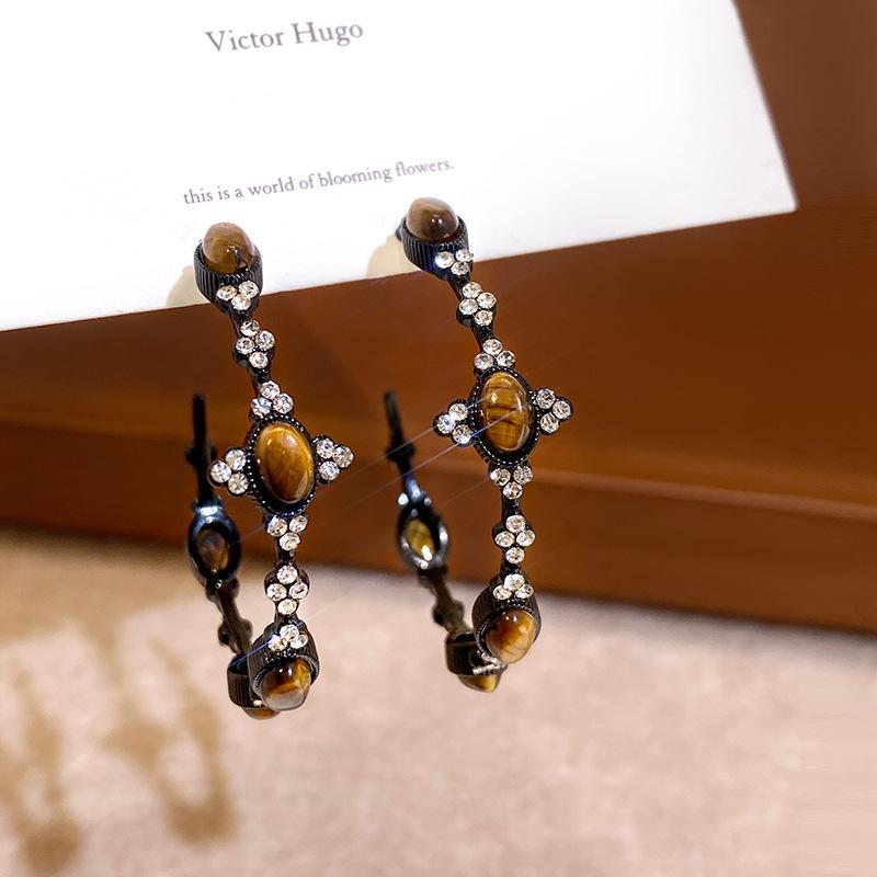 Shiny Zircon C-Shaped Earrings for Women Girls Vintage Brown Tiger Eye Stone Drop Earrings Unique Design Christmas Jewelry Gift