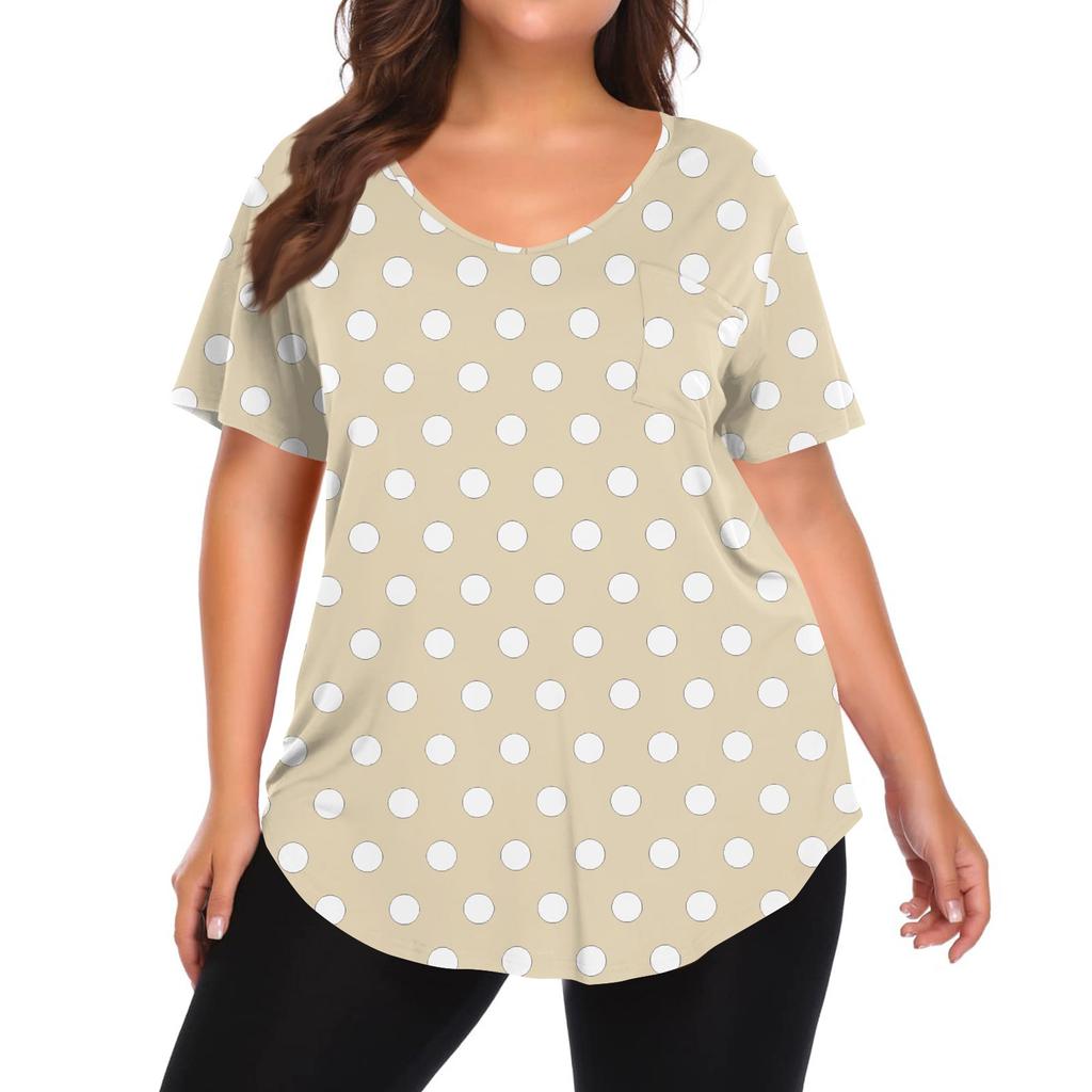Women's Printing Large Size V-neck Top Loose Pocket T-shirt
