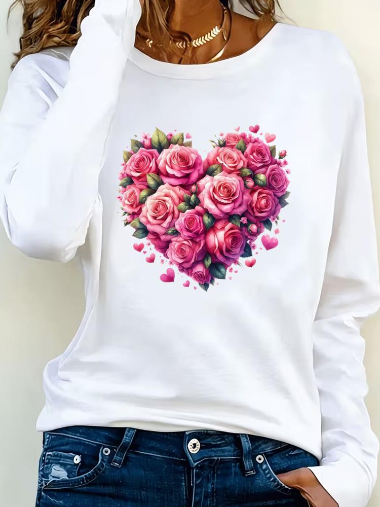(Asian Size) sweet flower cute 90s Tee Lady Printed  Female Clothing Women T Shirt Casual Fashion Top Long Sleeve  Graphic T-shirts