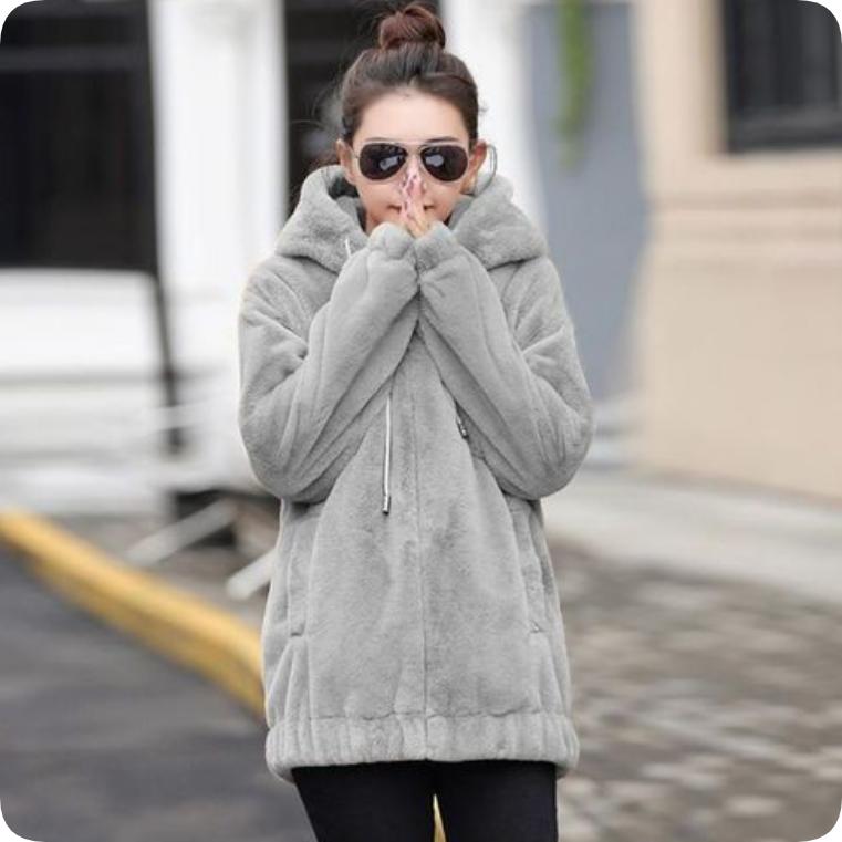 Flannel Hooded Jacket Women's Mid-length Winter Loose Plush Warm Long-sleeved Plus Velvet Short Jacket