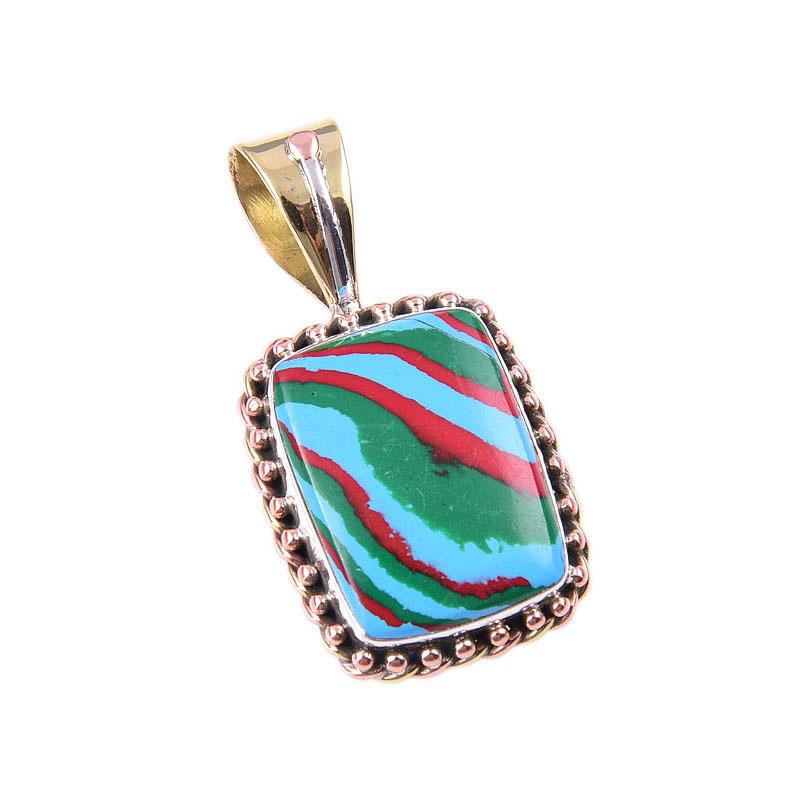 Natural Rainbow Calcica Gemstone 925 Solid Silver Two Tone Pendant 1.25'' W6g23