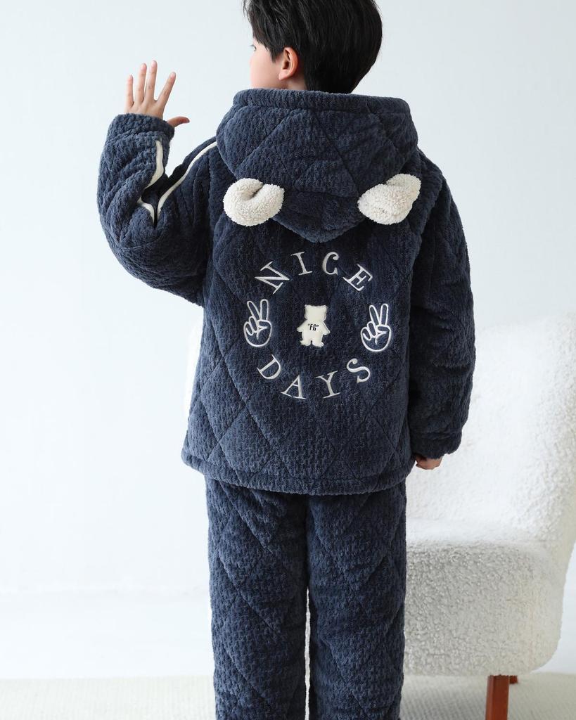 Boys' Winter Quilted Flannel Pajamas - Three-Layer, Medium & Large, Coral Fleece Warm Homewear