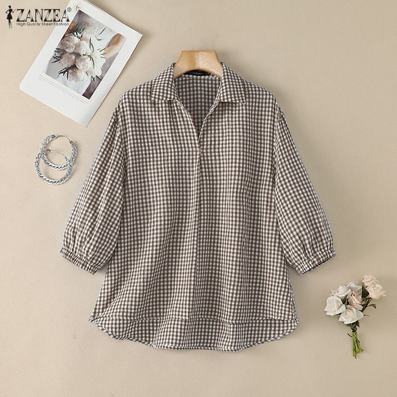 ZANZEA Women Casual Turn Down Collar Plaid Print Loose 3/4 Sleeve Blouse