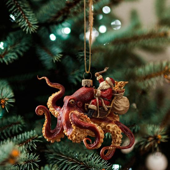 Christmas Octopus Ornament Coastal Holiday Hanging Decoration 2D Acrylic Deep Sea Xmas Tree Ornament Nautical Gift for Ocean Lovers