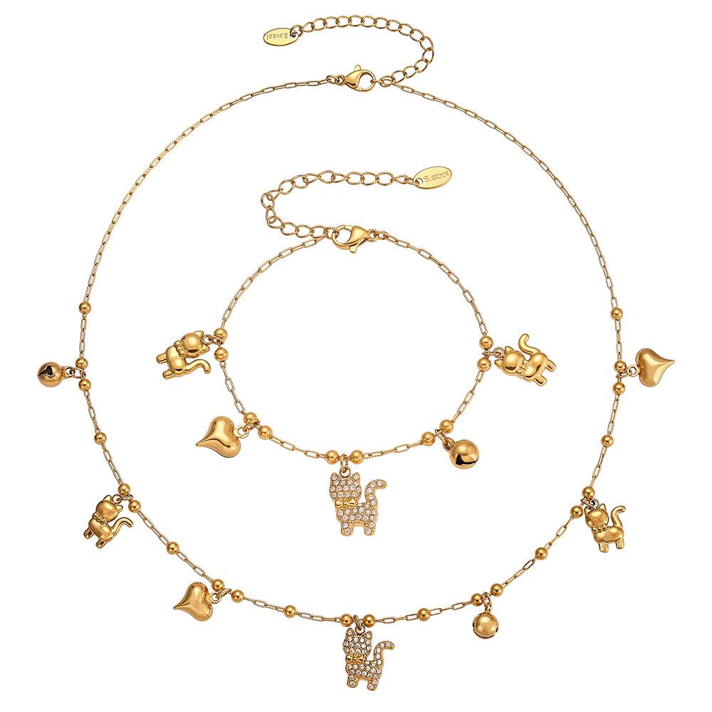 Qiong Yao Zirconia Cat Bell Pendant Necklace & Bracelet DIY Set - Stainless Steel