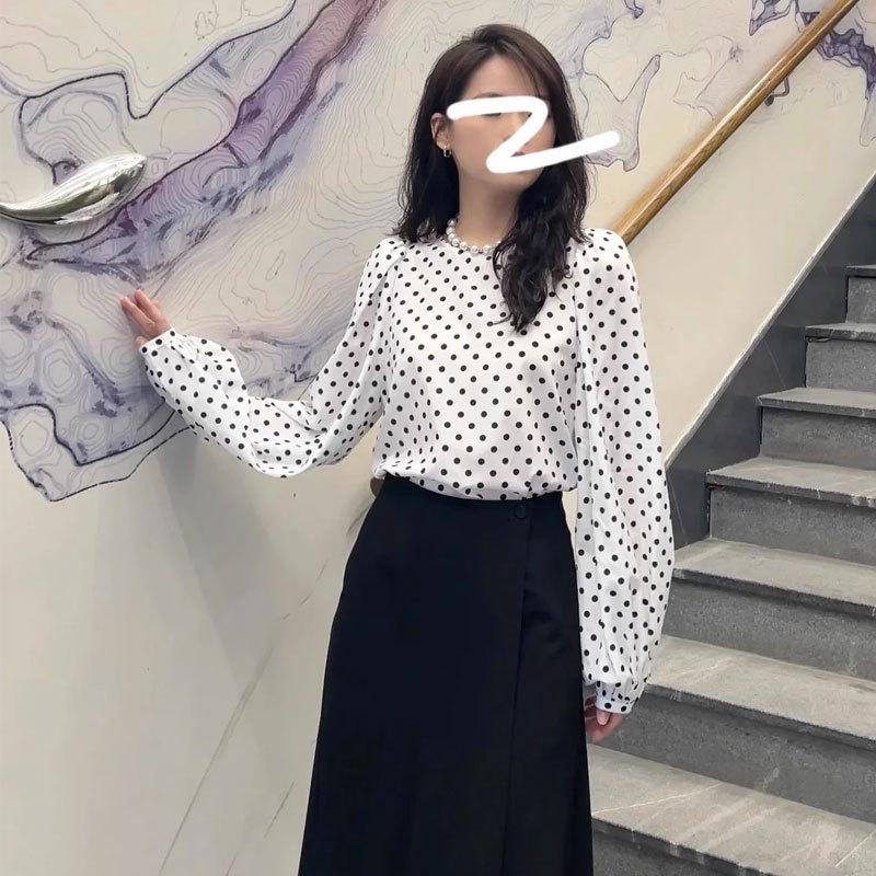 Mall 1116 Women's Spring and Autumn Versatile Age Reduction Polka Dot Crew Neck Bubble Sleeve Long Sleeve Shirt 1111118