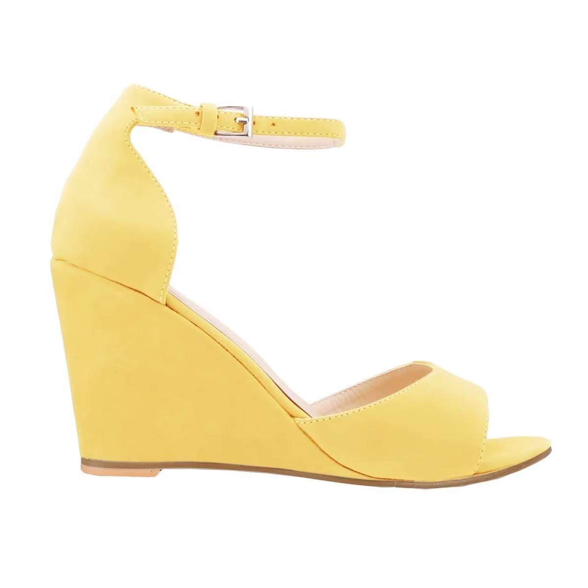 

Женские босоножки на танкетке с открытым носком и ремешком на щиколотке, с пряжкой, на высоком каблуке, для вечеринки, свадебного платья, женская сексуальная обувь 42 жёлтый