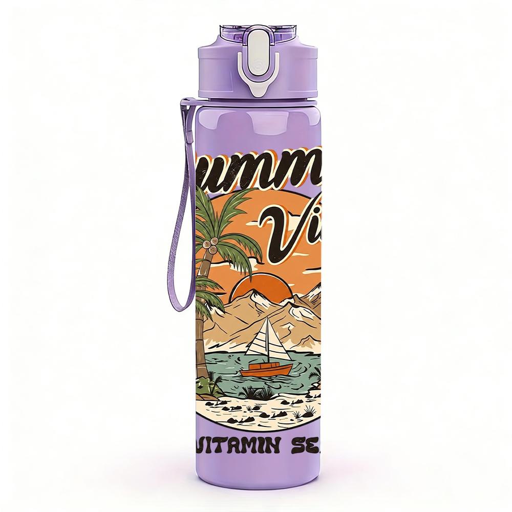 1PC Retro Beach Summer Vibes Poster 750ml Color Plastic Sports Water Bottle Leakproof Flip Straw Lid Suitable for Sports Office Home Use