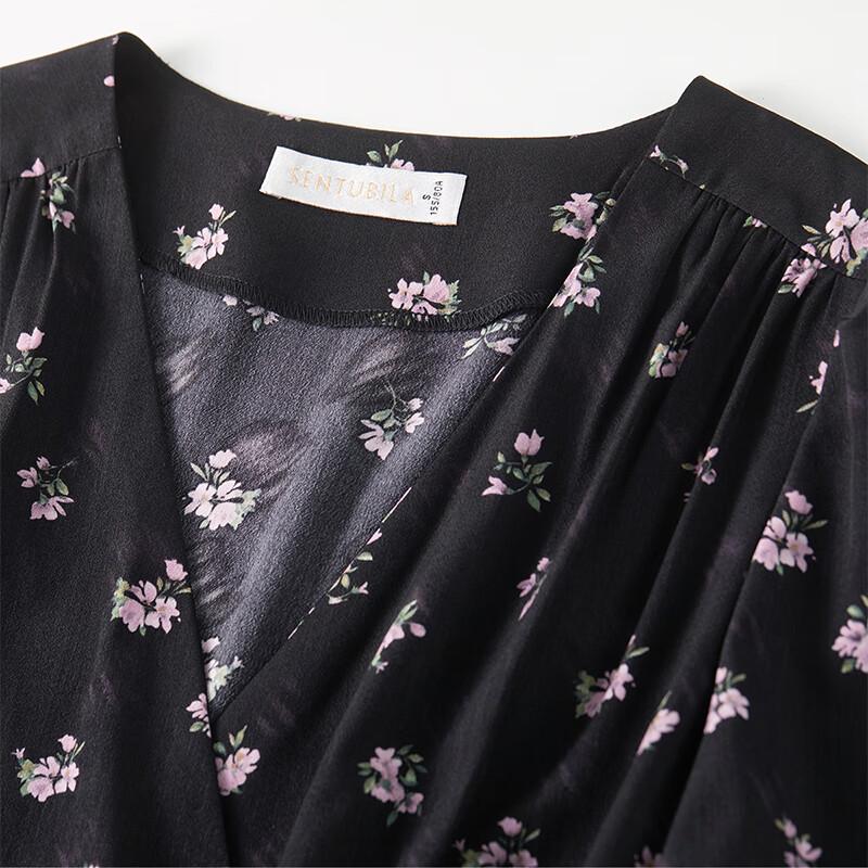Shangdu Bila V-Ausschnitt Kurzarm Bedrucktes Kleid Damen Sommer Taillenbetonend Teepause Floral Elegant Pendler Mittellanges Kleid