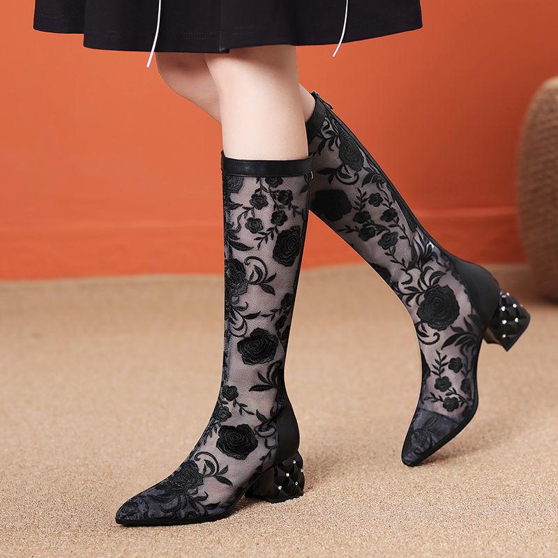 

Модные женские сандалии-ботинки до колена FHC, летняя сетчатая обувь, длинные боты с вышивкой кружевом в виде цветов, острый носок, молния сзади, черные, белые, дропшиппинг 35 чёрный