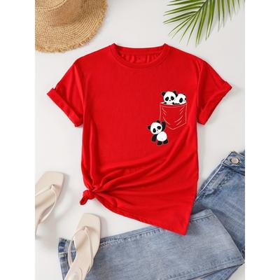 Panda Printed Round Neck T-shirt, Casual Short Sleeved Women's Clothing for Spring and Summer