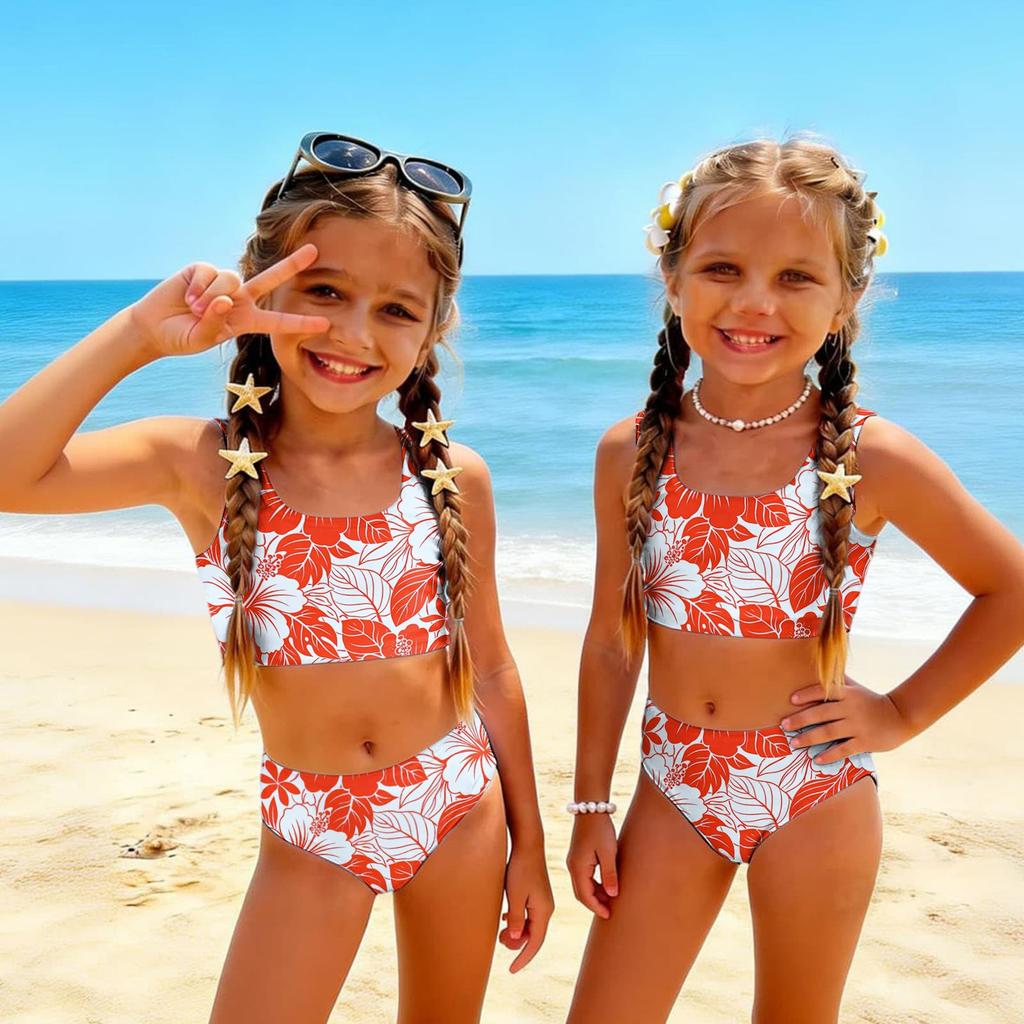 Girls Two Piece Swimsuit Set Hawaiian Print Tankini Top and High Waist Bottom Summer Beach Swimwear for Kids