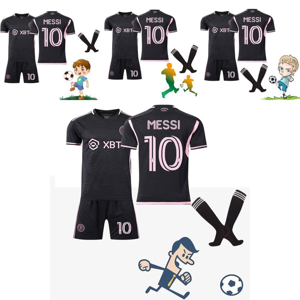 Messi 10 Miami Fußballtrikot Set Jugend Erwachsene Heim Auswärts Schwarz Rosa Polyester Enthält Oberteil Unterteil Socken