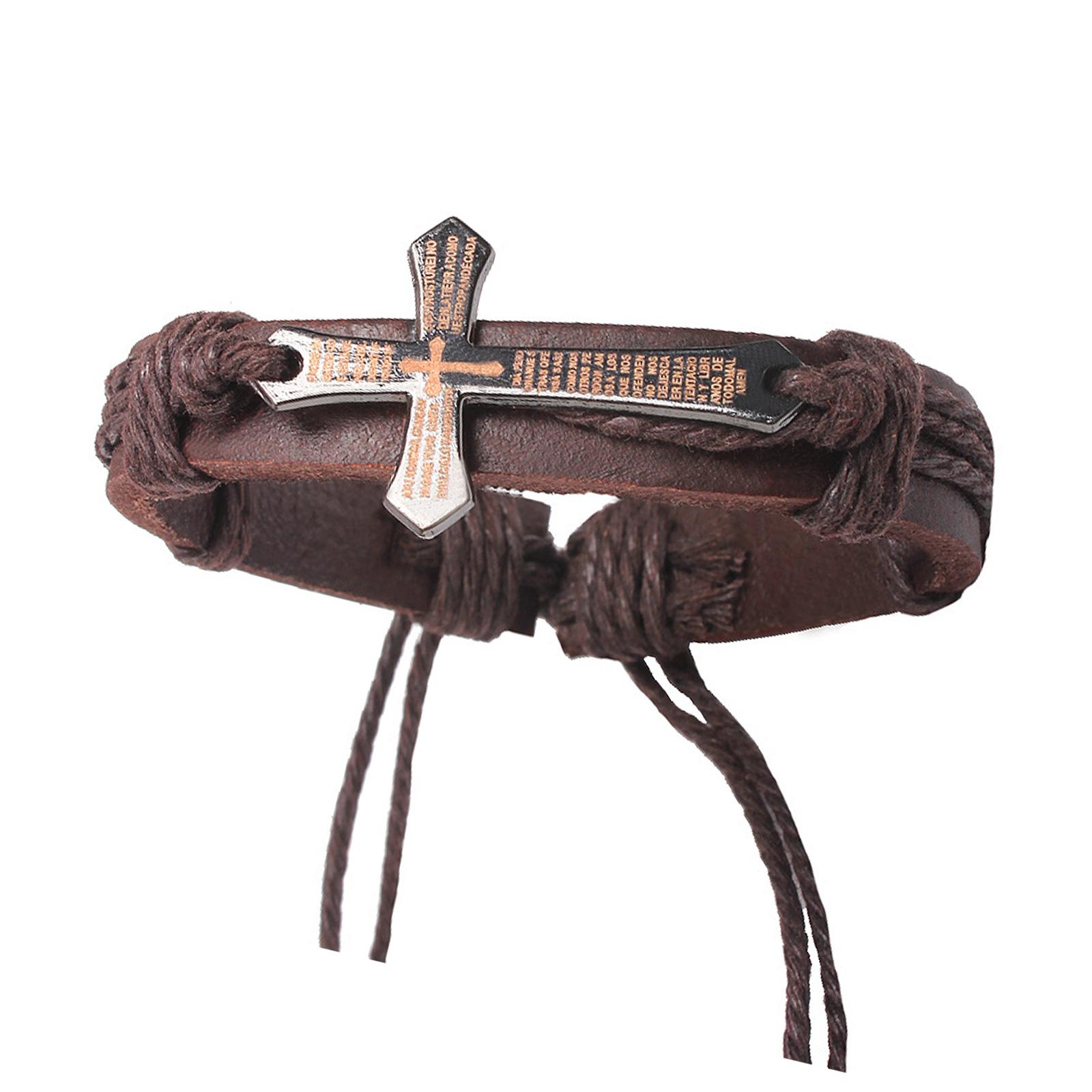 

Культурний шкіряний браслет зі шкіри та хрестиками Християнський для молитви, медитацій Елегантний культурний католицький браслет кавовий