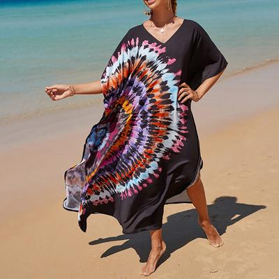 Γυναικείο φόρεμα Boho Cover Up, Contrast Plus Size Loose Fit Vacay Beach Kaftan