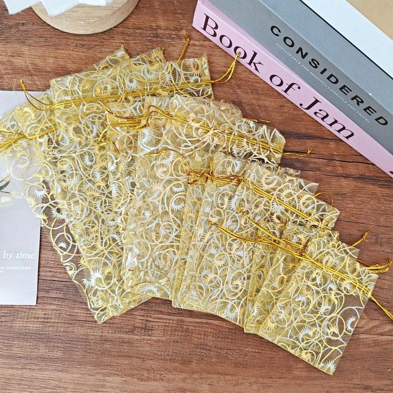 200/10PCS Gold Organza Drawstring Gift Bags Mini Earring Jewelry Pouches Wedding Christmas Party Favor Wrapping Packing Supplies