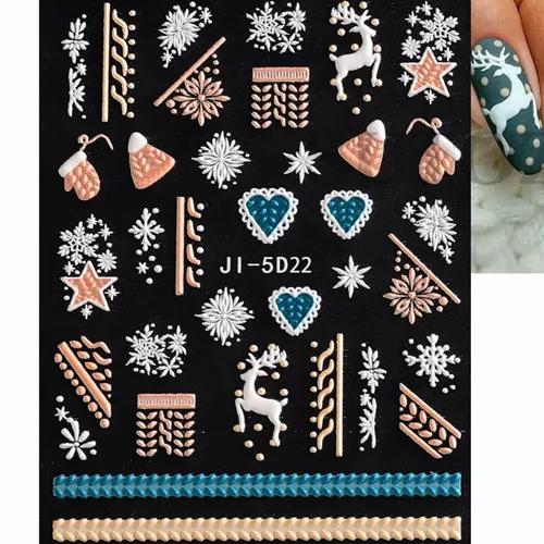 5D Christmas Embossed Nail Stickers White Snowflakes Sliders For Nails Cute Cartoon Bear Gloves Sweater Design Decals