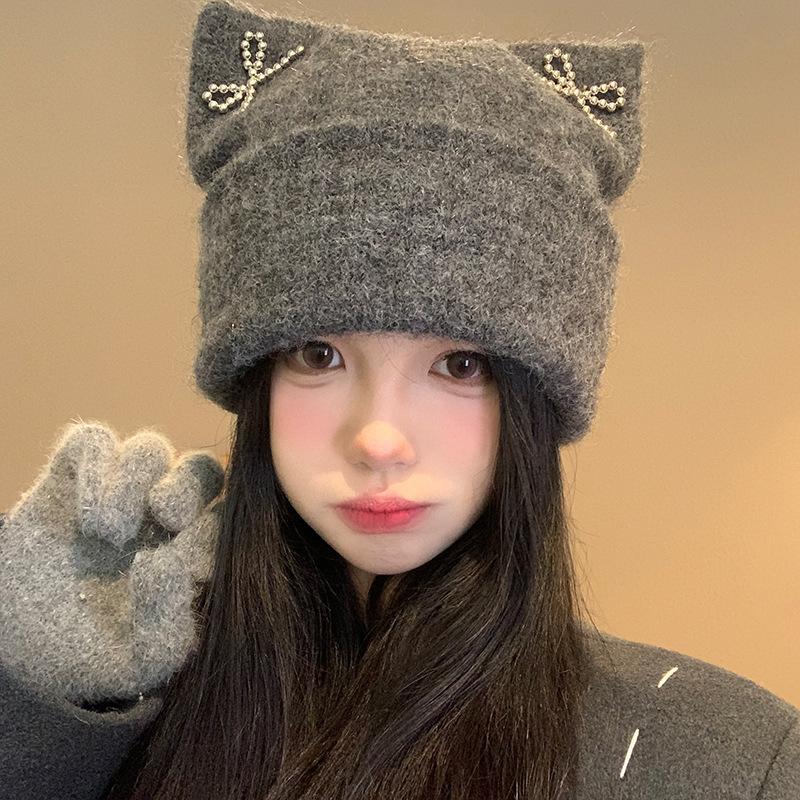 Bow Grey Knitted Wool Hat Women's Seasonal Warm Versatile Hat Cold Protection Ear Protection Baotou Hat