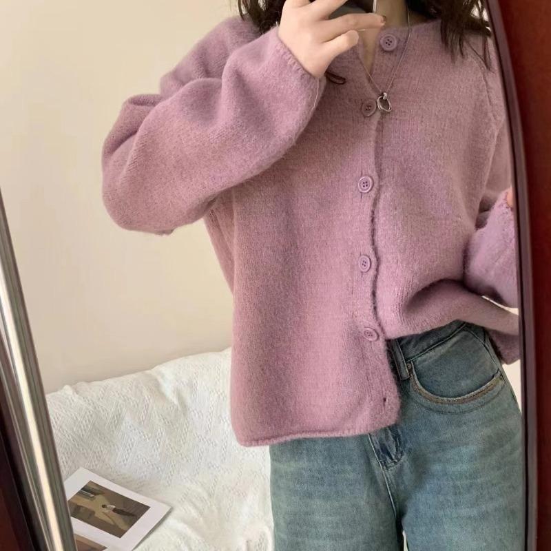 Small Fresh Solid Color Knitted Cardigan for Women's New Spring and Autumn with Loose Lazy Style Round Neck Shoulder Jacket for Women