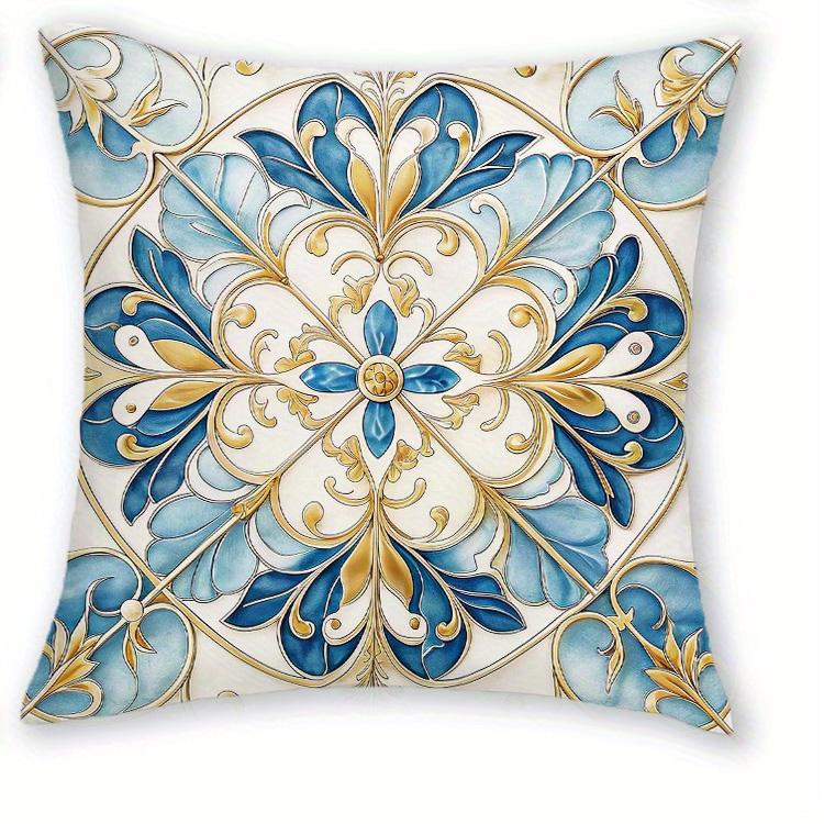 1/4pcs Bohemian Blue Gold Floral Tile Throw Pillow Covers Vintage Mediterranean Style Cushion Cases for Home Sofa Bedroom Decor