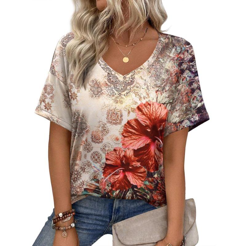 Summer V-neck 3D Flower Pattern Printed Top Fashionable Casual Short Sleeved Women's T-shirts