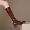 Krazing Pot Skóra bydlęca zimowe kwadratowe Toe grube wysokie obcasy buty jeździeckie damskie zamek błyskawiczny Retro Vintage zakolanówki