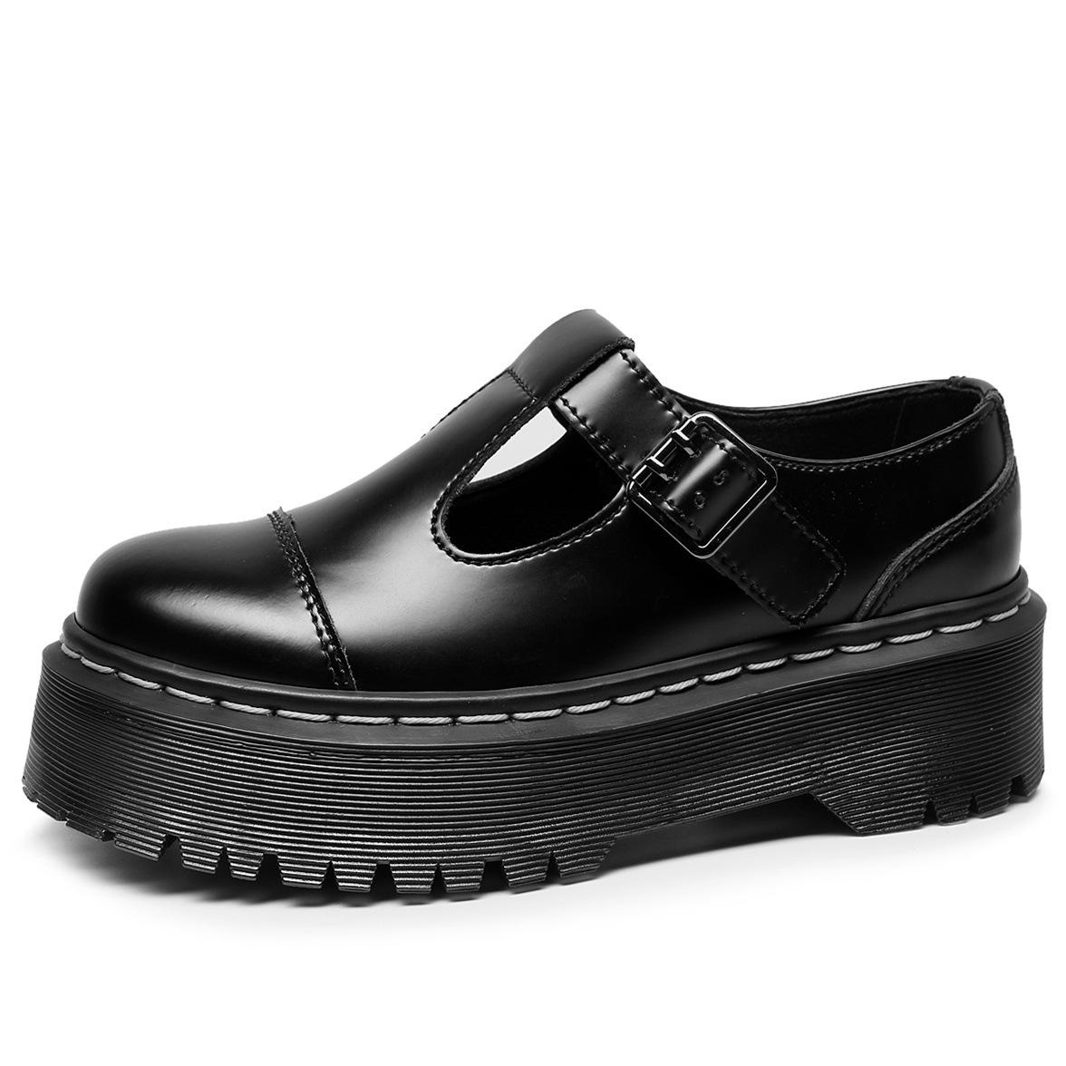 White line thick-soled T-word with Mary Jane women s shoes, genuine leather low-top small leather shoes, British style fashion muffin bottom 35