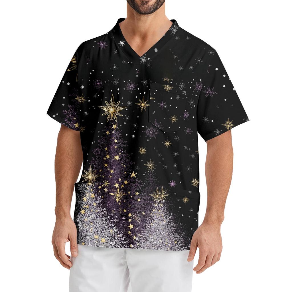 Men's Printing Short Sleeve V-neck Working Blouse Chest Pocket Carer Top