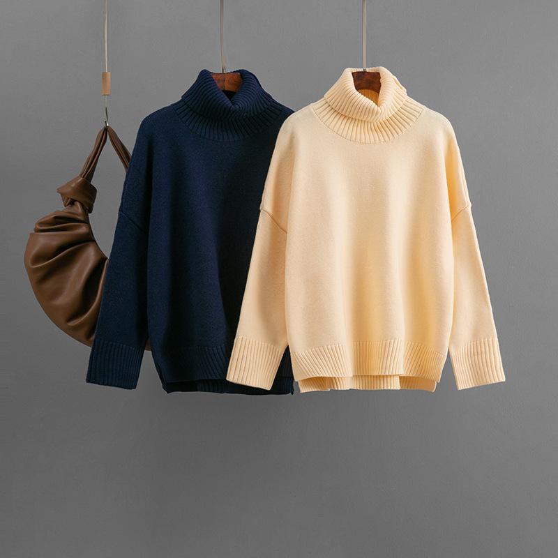 Dame Casual Løs Og Allsidig Høst Og Vinter Pullover Høy hals Ensfarget Genser Topp For Damer