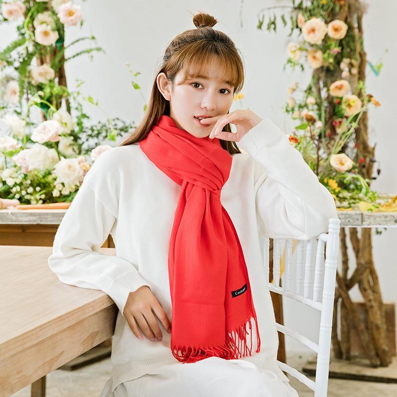 Autumn and winter new cashmere scarf women's thickened fringed warm pulled solid color bright red scarf shawl