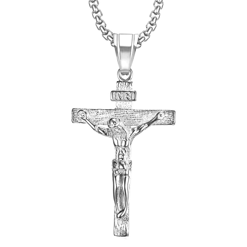 Religious Christ Jesus Cross Pendant Gold Silver Color Stainless Steel Christian Crucifix Necklace for Men Women Jewelry Gift