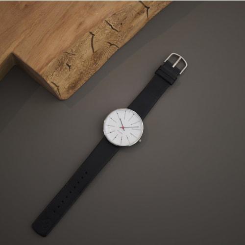 ARNE JACOBSEN BANKERS 53102-2001 Watch, 40mm, Scandinavian Design, Water Resistant (Quiet Design with No Second Hand), White with Black Leather Strap