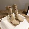 Fashion Hollow Embroidered Vintage Western Boots Women 2025 Autumn Chunky Heels Knee High Cowboy Boots Woman Pu Leather Knight Booties