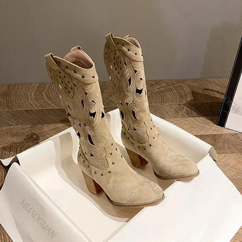 Fashion Hollow Embroidered Vintage Western Boots Women 2025 Autumn Chunky Heels Knee High Cowboy Boots Woman Pu Leather Knight Booties