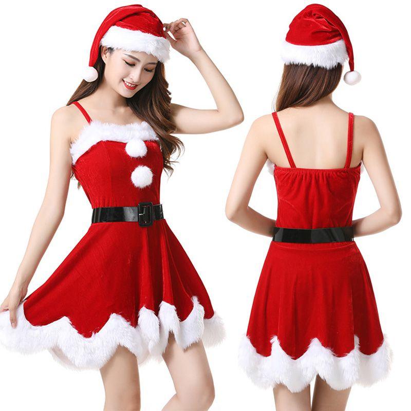 Red Velvet Women Christmas Costume With Soft Touch Santa Claus Dress And Hat