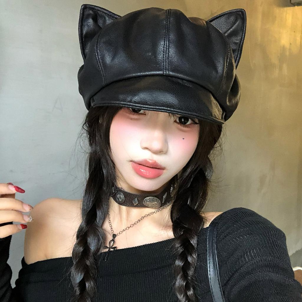 Hot Girl Folded Leather Cat Ears Beret Autumn and Winter Retro Cute Octagonal Hat American Sweet Painter Newspaper Boy Hat