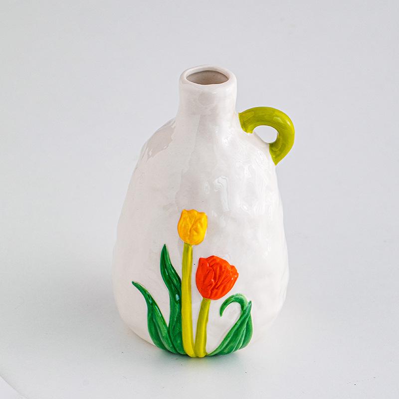 Ceramic Vase Embossed Tulip Colorful Flower Pattern Flower Vase Floral Arrangement Accessories Home Decoration Accessories
