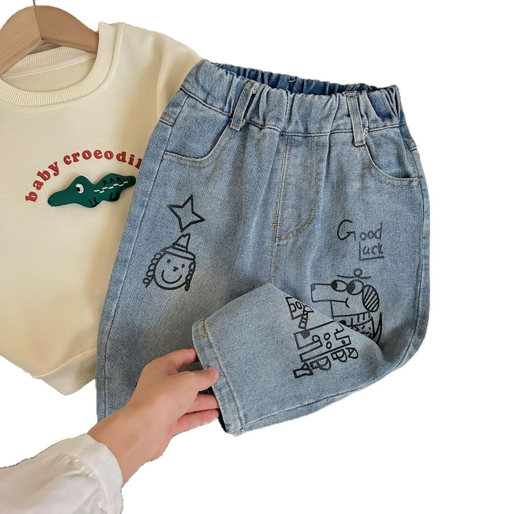 Spring/Autumn Kids' Cartoon Jeans - Boys' Casual Loose Fit Long Pants for Toddlers & Little Children