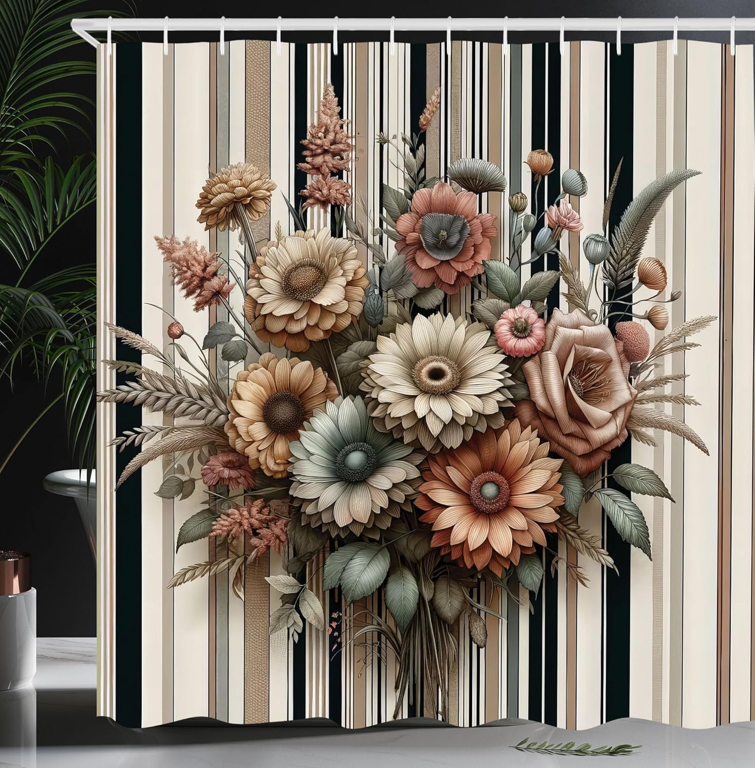 

Shower Curtain Floral Arrangement Stripe Pattern Vintage Style Bath Decor Waterproof Fabric Boho Chic Home Accessories Kitchen W60H190(CM)-1 Pcs